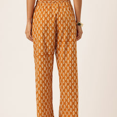 Gold Women Pure Cotton Paisley Printed Palazzo Pants | Elastic Waist | Wide Leg
