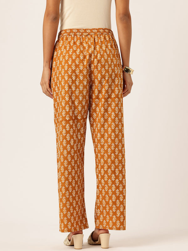 Gold Women Pure Cotton Paisley Printed Palazzo Pants | Elastic Waist | Wide Leg