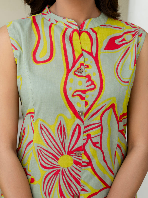 Luxury Mandarin Collar Printed Co-Ord Set with Button Detail A-Line Kurta & Comfort Fit Pants