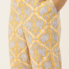 Yellow Printed Cotton Night Suit with V-Neck Kurti & Ankle-Length Pants