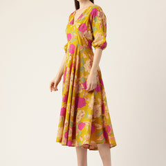 Women's Pure Cotton Floral Printed A-Line Gown with 3/4 Puff Sleeves & V-Neck