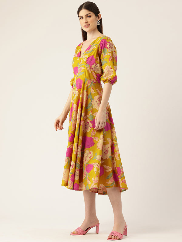 Women's Pure Cotton Floral Printed A-Line Gown with 3/4 Puff Sleeves & V-Neck