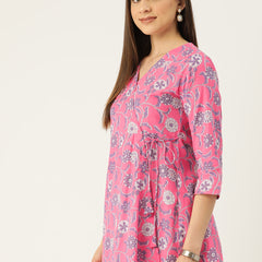 Floral Print Angrakha 3\4 Sleeves Flared Kurti