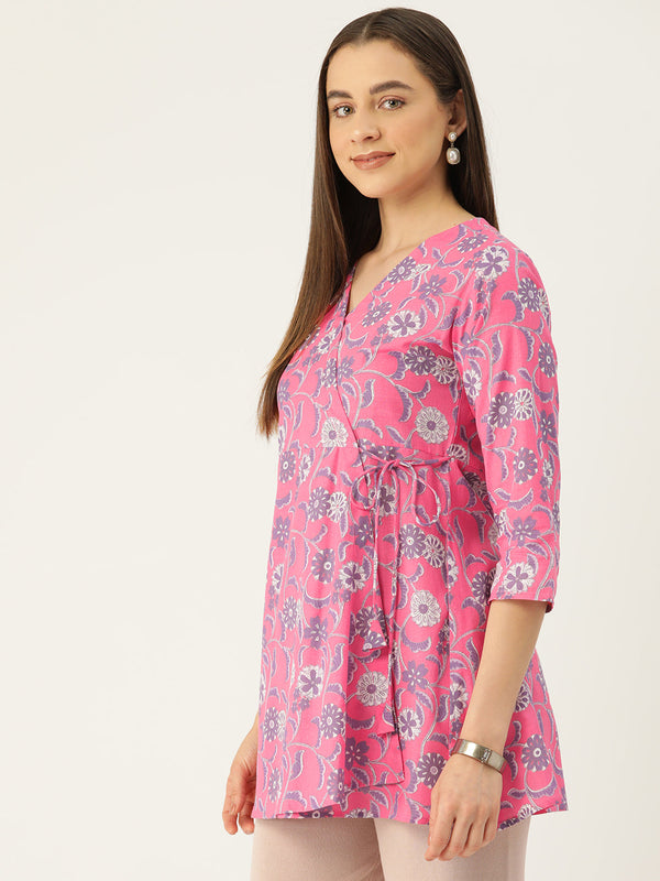 Floral Print Angrakha 3\4 Sleeves Flared Kurti