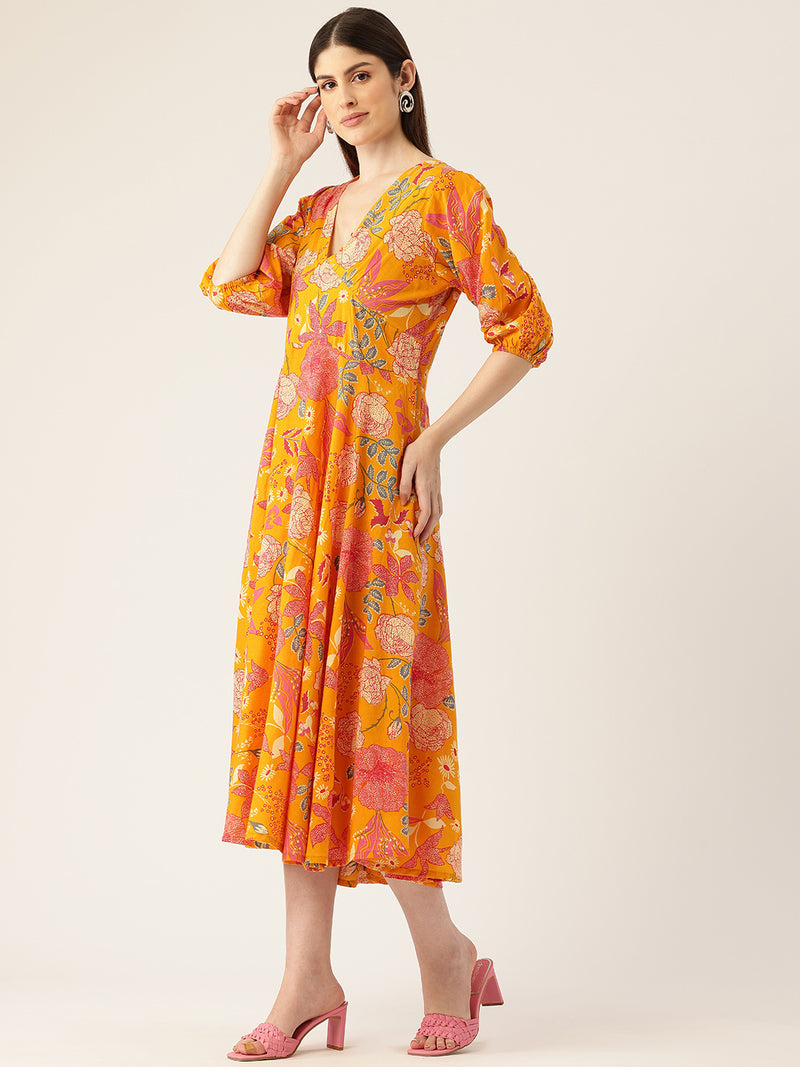 Women's Pure Cotton Floral Printed A-Line Gown with 3/4 Puff Sleeves & V-Neck