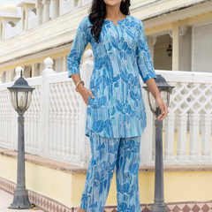Blue Breezy Printed Cotton Co-Ord Set for Comfortable All-Day Wear