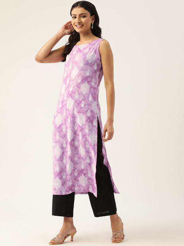 Cotton Boat Neck Sleeveless Straight Kurti