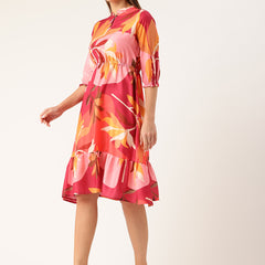 Women’s Multi-Color Muslin Floral Dress with Mandarin Collar & 3/4 Smocked Sleeves