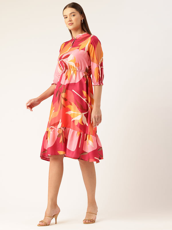 Women’s Multi-Color Muslin Floral Dress with Mandarin Collar & 3/4 Smocked Sleeves