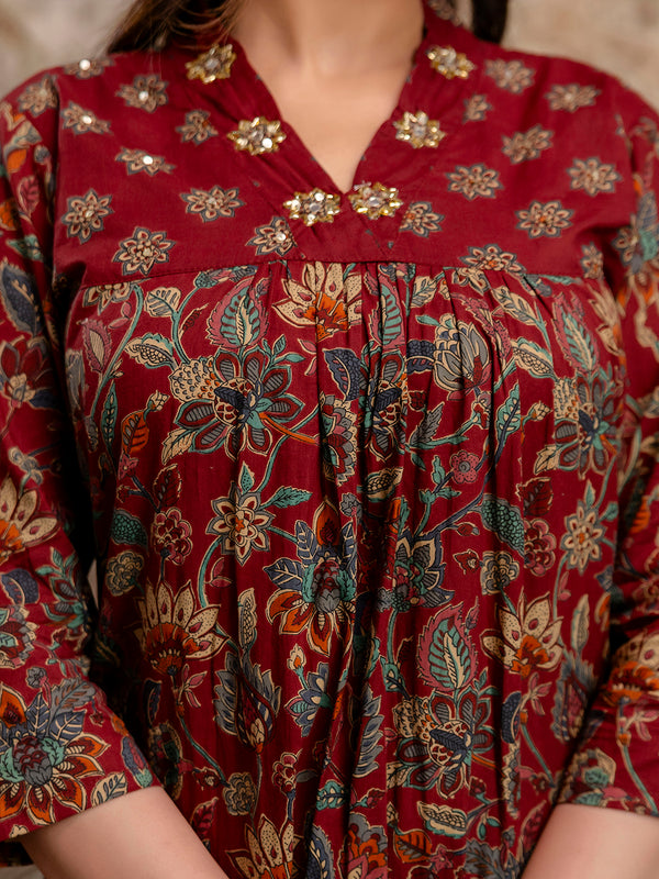 Pure Cotton Red V-Neck 3-Piece Kurta Set with Printed Dupatta