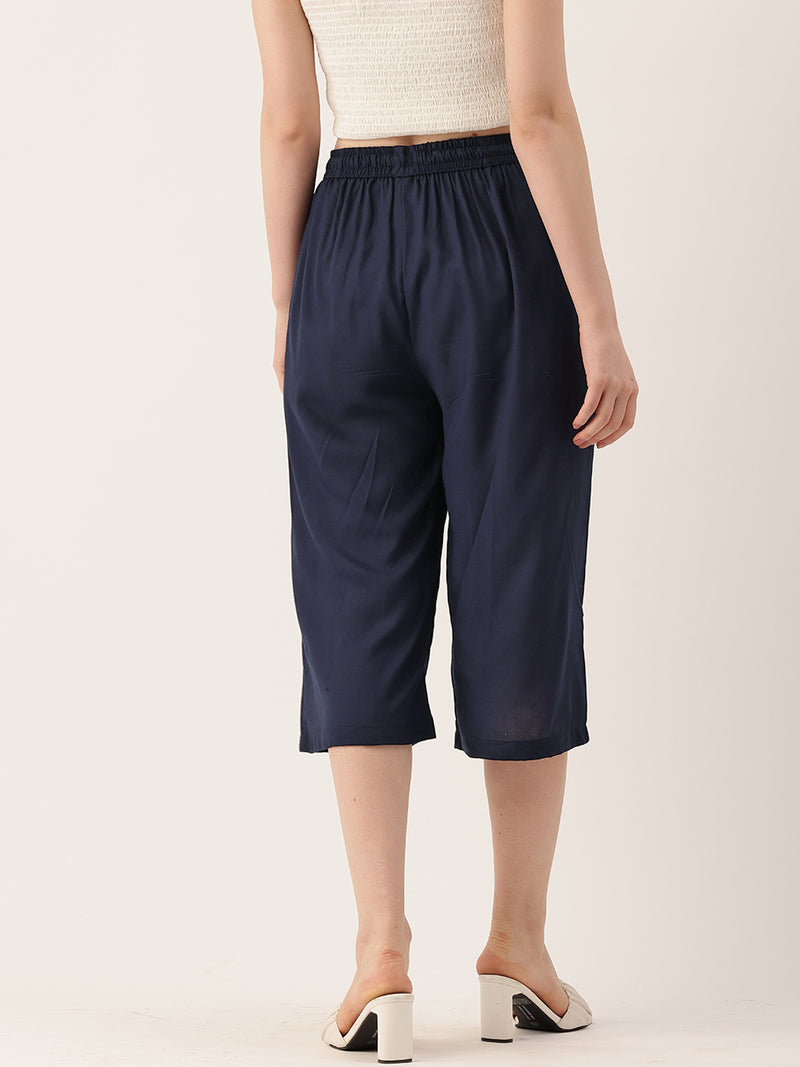 Women's Culottes | Calf-Length Pants with Double Pockets & Elastic Waistband