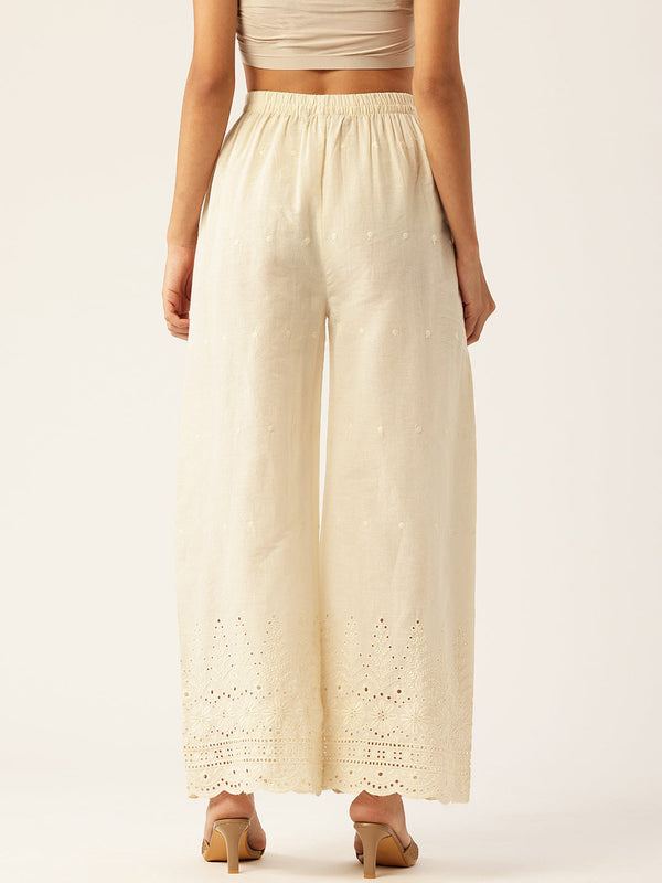 Beige Palazzos | Embroidered Elegnace With Elastic Waist & Single Pocket