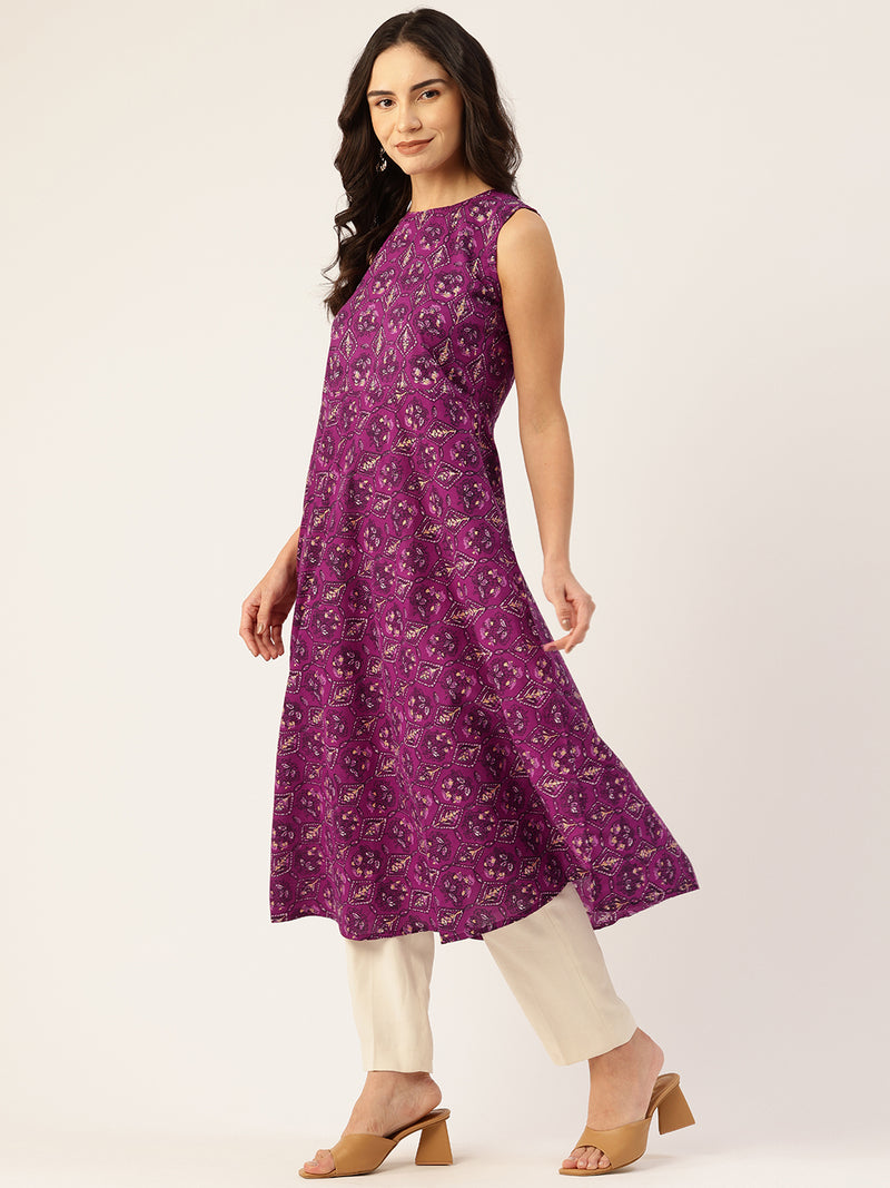 Elegant Floral Sleeveless A-Line Kurti with Back Zip Closure