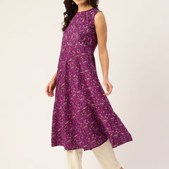 Elegant Floral Sleeveless A-Line Kurti with Back Zip Closure