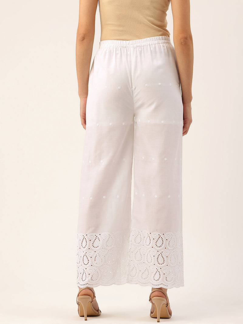 White Embroidered Palazzos–Fully Lined, Elastic Waist & Ankle-Length with Side Pocket