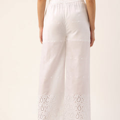 White Embroidered Palazzos–Fully Lined, Elastic Waist & Ankle-Length with Side Pocket