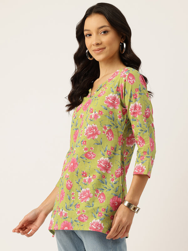 3/4 Sleeve Round Neck Vcut top Green Colour