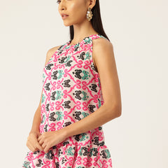 Cropped Sleeveless Elasticated Neck Bottom Flared Top with digital print on linen fabric.  | Size- Small  |  Colour - White, Pink, Green