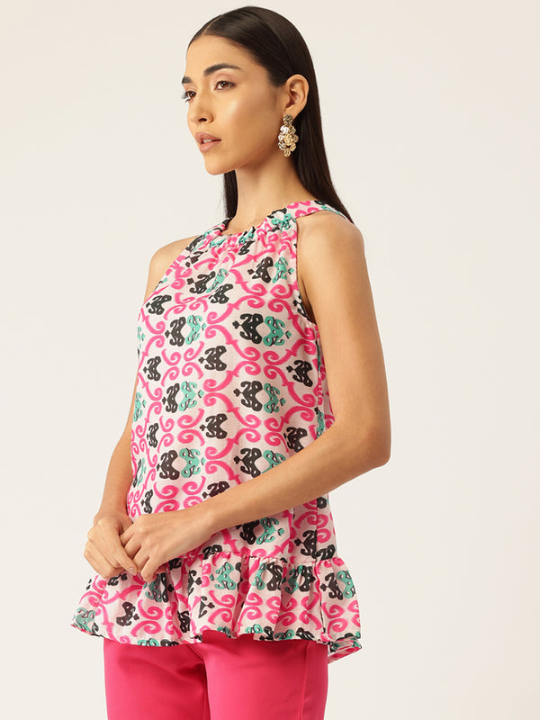 Cropped Sleeveless Elasticated Neck Bottom Flared Top with digital print on linen fabric.  | Size- Small  |  Colour - White, Pink, Green
