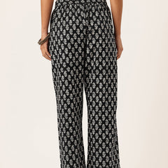 Black Women Pure Cotton Paisley Printed Palazzo Pants | Elastic Waist | Wide Leg