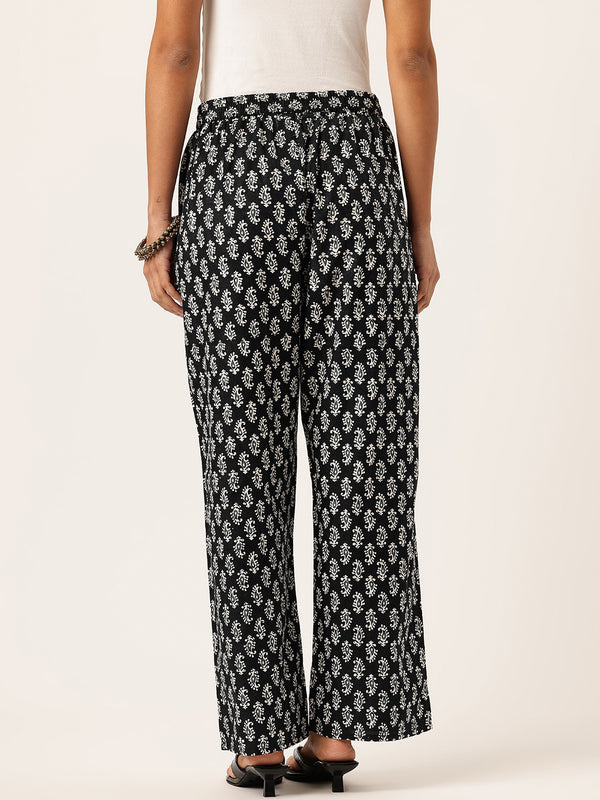 Black Women Pure Cotton Paisley Printed Palazzo Pants | Elastic Waist | Wide Leg