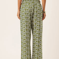 Green Women Pure Cotton Paisley Printed Palazzo Pants | Elastic Waist | Wide Leg