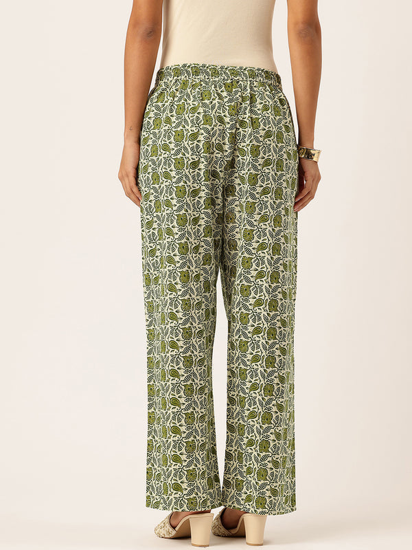 Green Women Pure Cotton Paisley Printed Palazzo Pants | Elastic Waist | Wide Leg