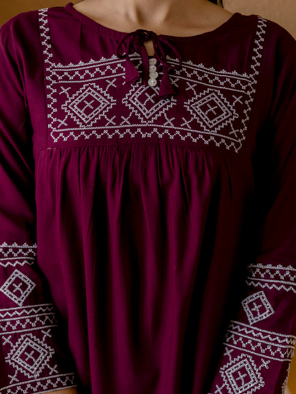 Solid Hip Length Embrioded 3/4 Sleeves Kurti