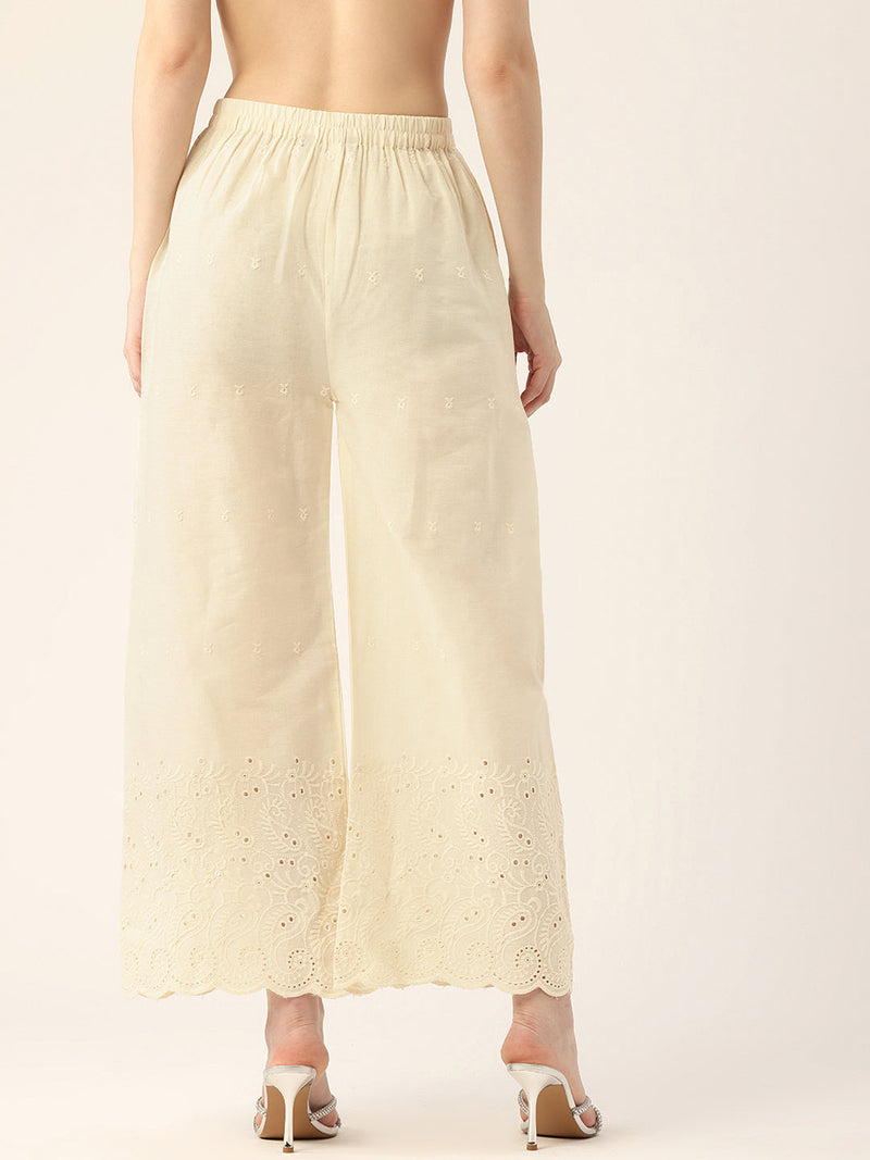 Beige Palazzos | Embroidered Elegnace With Elastic Waist & Single Pocket