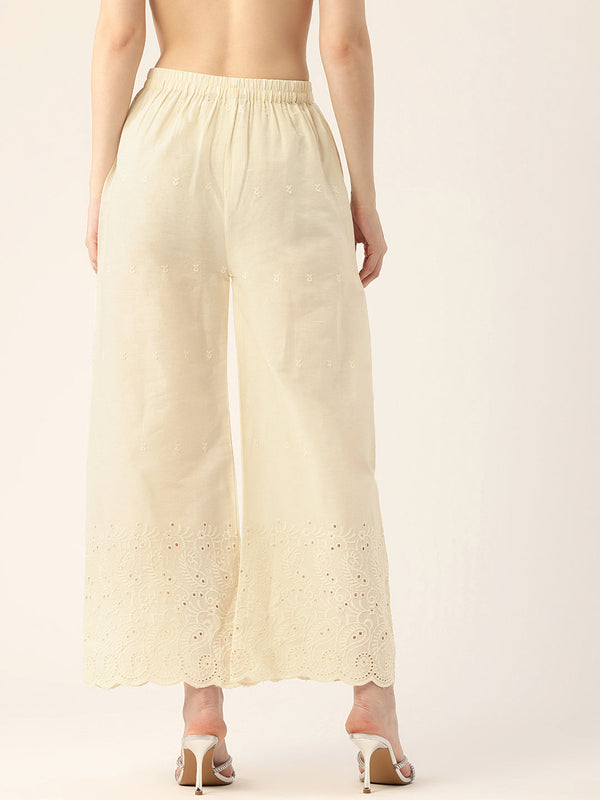 Beige Palazzos | Embroidered Elegnace With Elastic Waist & Single Pocket