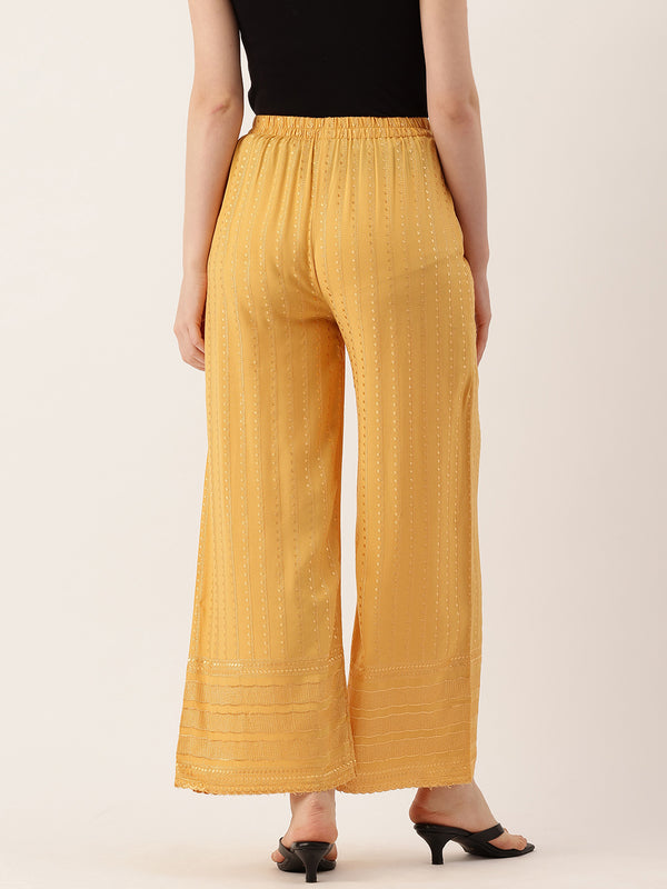 yellow Yellow Embroidered Cotton Palazzos–Elastic Waist & Ankle-Length with Side Pocket