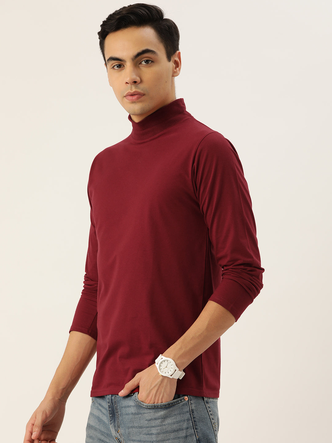 Men Maroon High Neck Bio Finish T-Shirt