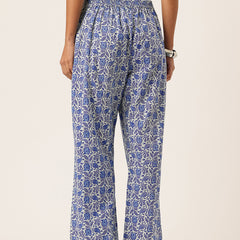 Light Blue Women Pure Cotton Paisley Printed Palazzo Pants | Elastic Waist | Wide Leg