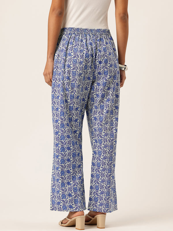 Light Blue Women Pure Cotton Paisley Printed Palazzo Pants | Elastic Waist | Wide Leg