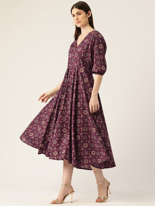 Women's Pure Cotton Floral Printed A-Line Gown with 3/4 Puff Sleeves & V-Neck