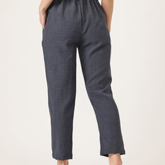 Blue Linen Trouser - Ankle-Length Pant , Partially Elasticated ,Double Pockets