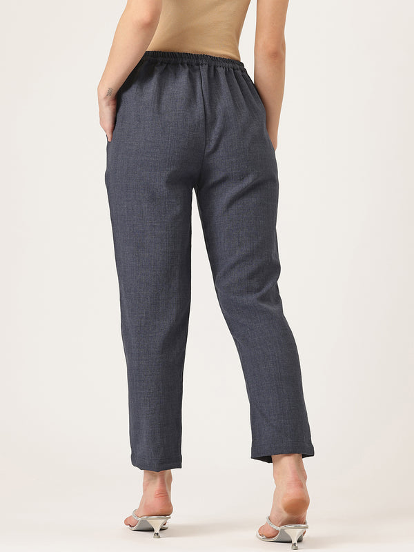Blue Linen Trouser - Ankle-Length Pant , Partially Elasticated ,Double Pockets