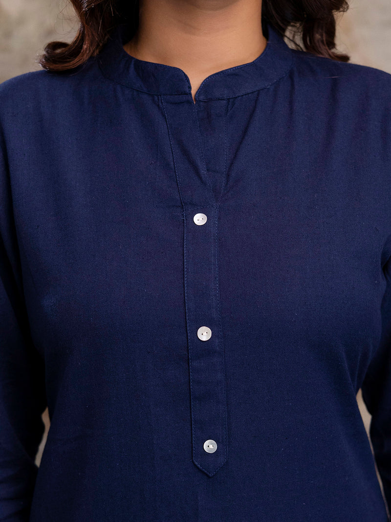 Women’s Solid Long Kurti with Mandarin Collar, 3/4 Sleeves & Pocket | Plain Elegant Cotton Kurta for Daily & Office Wear