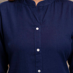 Women’s Solid Long Kurti with Mandarin Collar, 3/4 Sleeves & Pocket | Plain Elegant Cotton Kurta for Daily & Office Wear