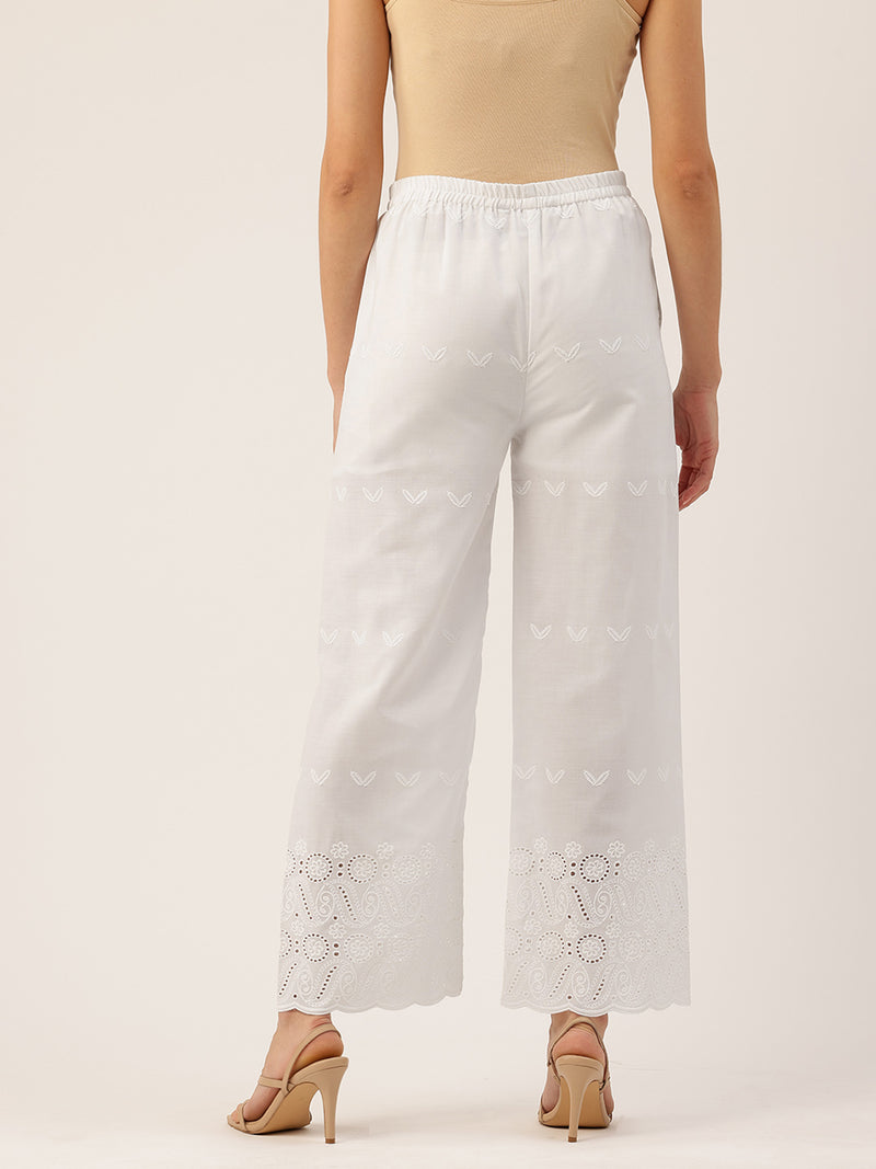 White Embroidered Palazzos–Fully Lined, Elastic Waist & Ankle-Length with Side Pocket