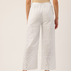 White Embroidered Palazzos–Fully Lined, Elastic Waist & Ankle-Length with Side Pocket