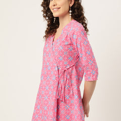 Floral Print Angrakha 3\4 Sleeves Flared Kurti