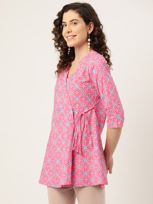 Floral Print Angrakha 3\4 Sleeves Flared Kurti
