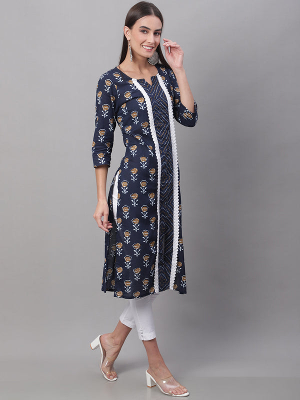 Women Blue Printed Straight Fit Kurti