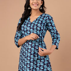 Cotton Printed Blue Angrakha Short Tunic