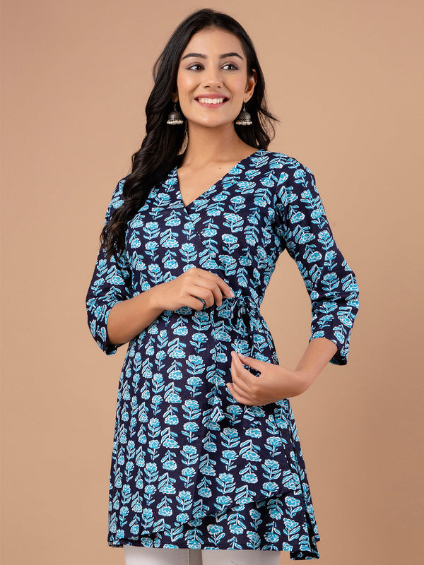 Cotton Printed Blue Angrakha Short Tunic