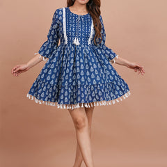 Cotton Printed Navy Blue Ethnic Motifs Dress