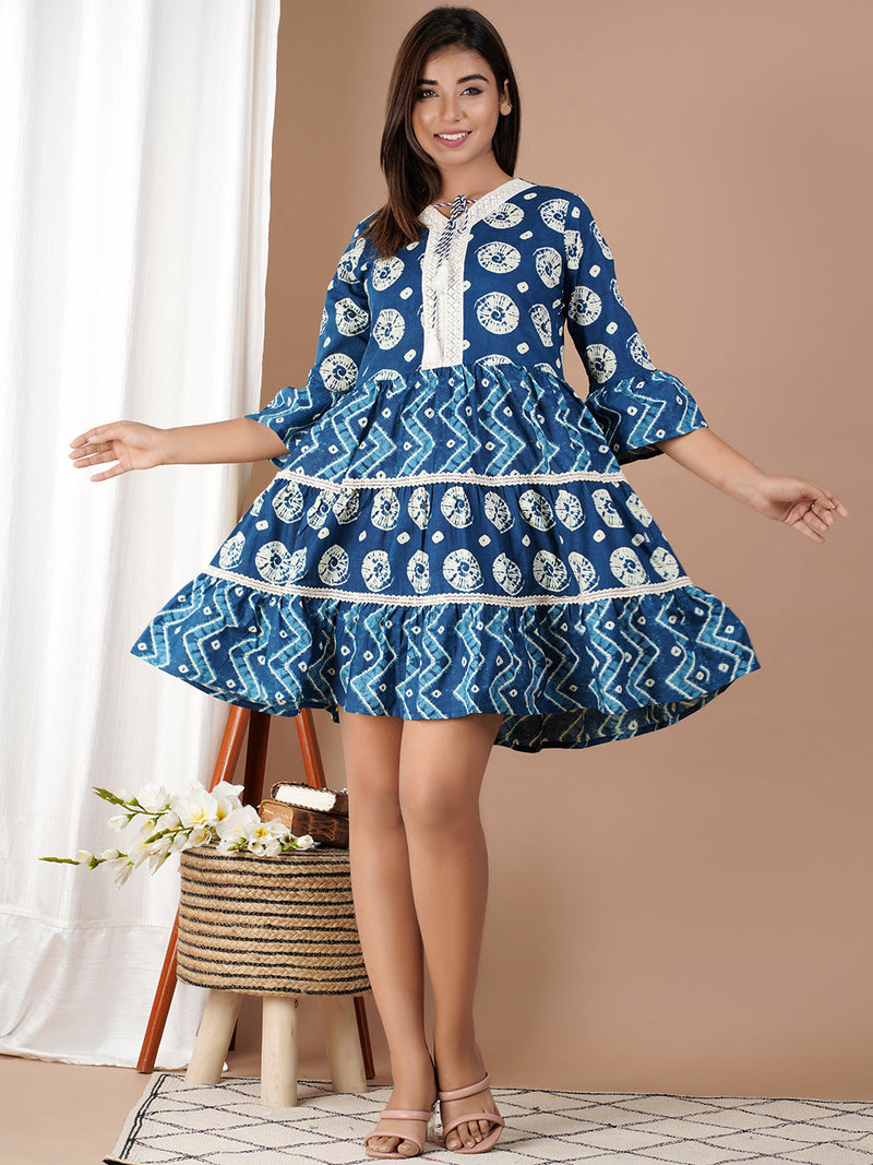 Cotton Printed Navy Blue Tie-Dye Dress