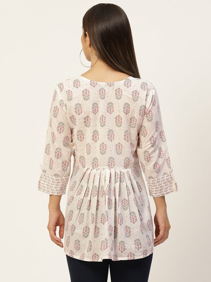 Women White & Baby Pink Cotton Printed A-Line Kurti