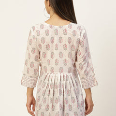 Women White & Baby Pink Cotton Printed A-Line Kurti